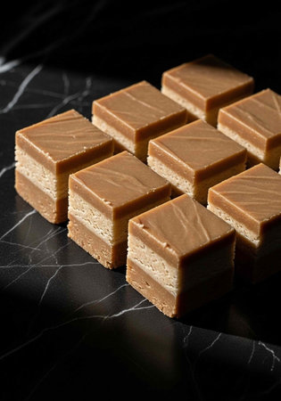 A delicious arrangement of caramel layered bars on a sleek black marble surface