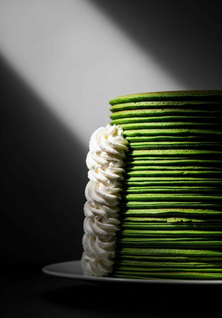 A stack of green pancakes with white frosting on a white plate in a dark room with a spotlightの写真素材