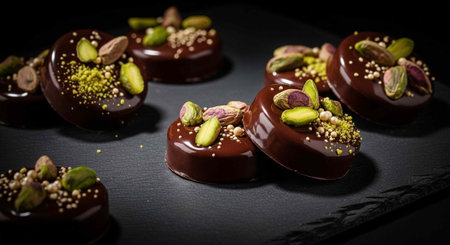 A beautifully arranged selection of chocolate desserts topped with pistachios and sprinkles on a...