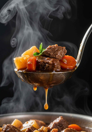 A ladle of steaming hot beef stew with vegetables being lifted from a potの写真素材