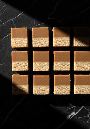 A beautifully arranged selection of caramel candies on a sleek black marble surface with natural light.の写真素材