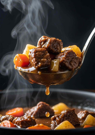 A steaming spoonful of beef stew with vegetables being lifted from a potの写真素材