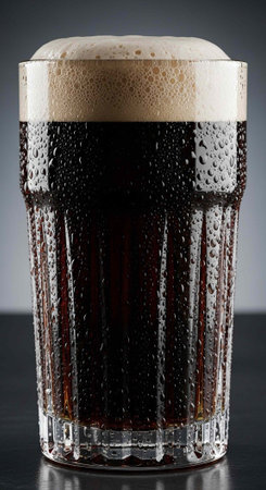 A glass of cold dark beer with a thick creamy foam on top, sitting on a tableの写真素材