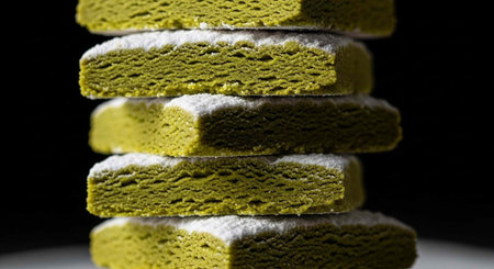 A stack of matcha green tea cake slices dusted with powdered sugar on a dark backgroundの写真素材