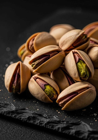 A pile of pistachios on a black slate plate with salt