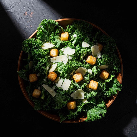 A delicious kale salad with croutons in a wooden bowl on a dark table