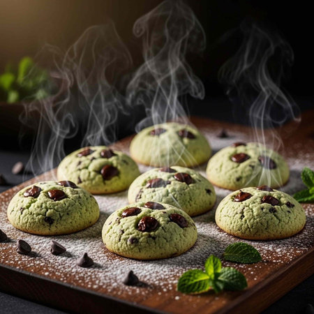 A tray of freshly baked matcha green tea cookies with chocolate chips and steam rising from them.