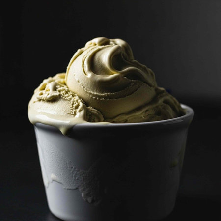 A delicious scoop of matcha ice cream in a white paper cup on a dark background