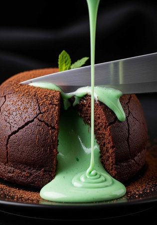 A decadent chocolate lava cake being sliced with a knife, oozing green mint sauce.