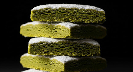 A stack of matcha green tea sponge cakes dusted with powdered sugar on a black background