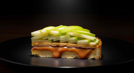 A slice of toast with caramel sauce and sliced apples on top, served on a black plate