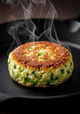 A steaming hot potato pancake on a black plate, freshly cooked and garnished with green herbs.