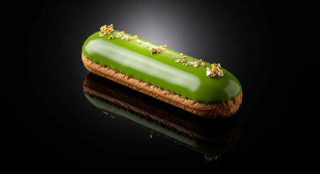 A green glazed eclair with gold leaf decorations on a black reflective surface