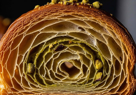 A close-up view of a delicious pastry with layers of dough and green filling.
