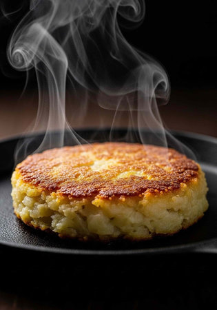 A steaming hot potato pancake on a black plate, freshly cooked and emitting wisps of steam.の写真素材