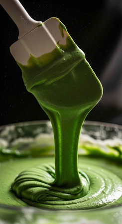 A vibrant green matcha mixture being stirred with a white spatula in a bowl