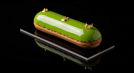 A beautifully decorated green glazed eclair with gold toppings on a black reflective surfaceの写真素材