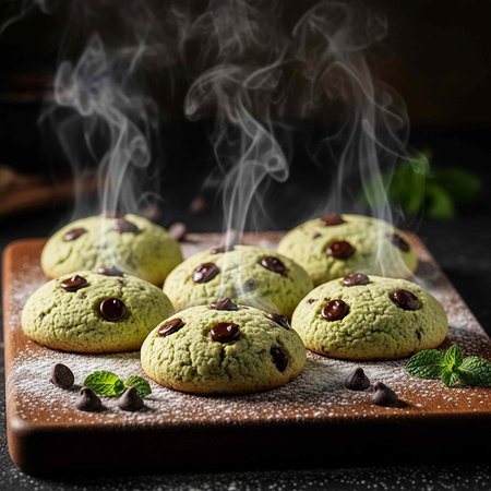 A plate of steaming matcha cookies with chocolate chips on a wooden tray