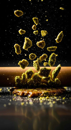 A pile of crushed potato chips exploding in the air against a dark backgroundの写真素材