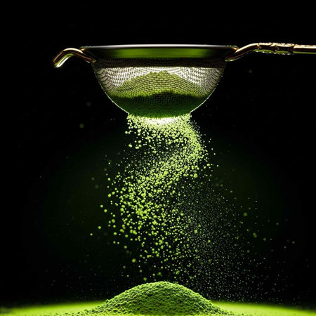 A green powder is being sifted through a metal sieve onto a pile.