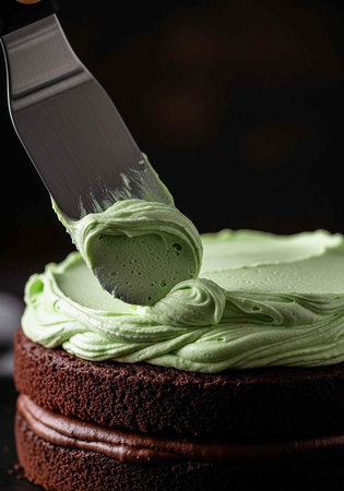 A person frosting a chocolate cake with green frosting using a knifeの写真素材
