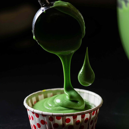 A vibrant green frosting being poured into a cupcake liner with red polka dots