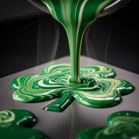 A vibrant green paint pouring and splashing on a gray surface creating a beautiful swirling pattern