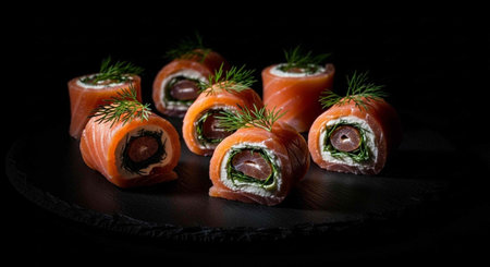 A plate of delicious salmon sushi rolls garnished with fresh dill on a dark background