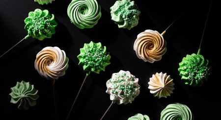 A collection of colorful meringue cookies on sticks against a black background