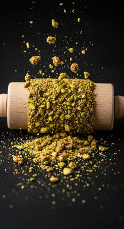A wooden rolling pin covered in pistachio crumbs on a black background with some crumbs falling from...