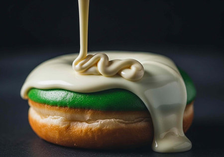 A delicious donut being drizzled with white icing on a dark background