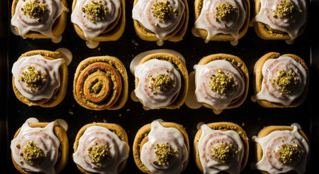 A tray of delicious cinnamon rolls with white frosting and chopped nuts on top, arranged in rows on...