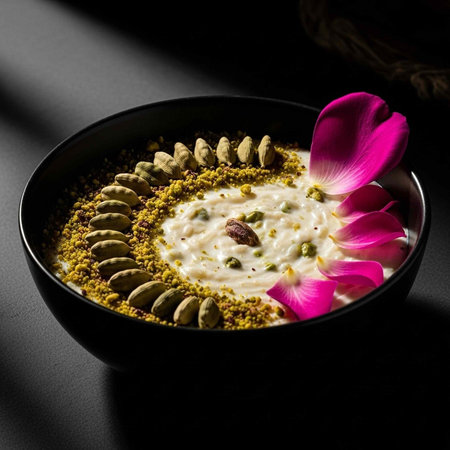 A delicious bowl of creamy dessert garnished with pistachios and rose petals on a dark background