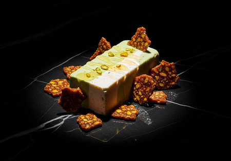 A block of creamy cheese with crackers on a black marble surface