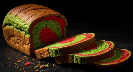 A vibrant loaf of swirled bread with green and red layers sliced on a dark surface