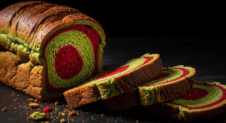 A vibrant loaf of swirly bread with slices cut and placed on a dark surface
