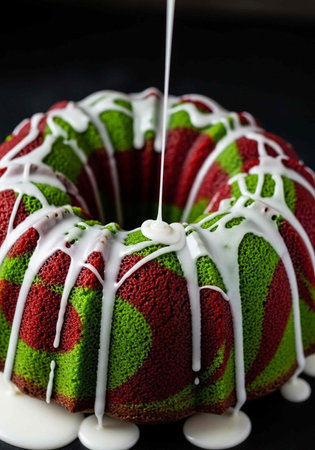 A vibrant red and green swirled bundt cake being drizzled with white icing on a dark background