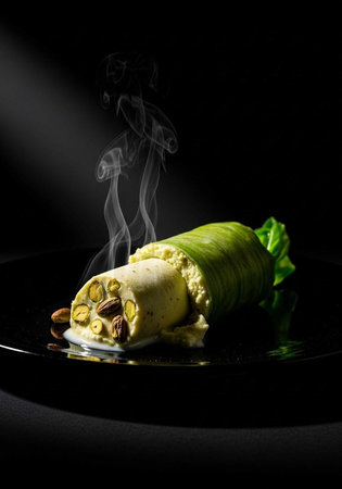 A steaming hot burrito wrapped in a green leaf on a black plate