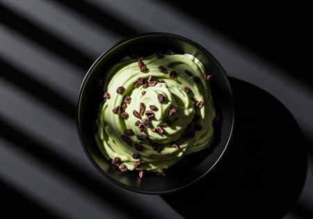 A bowl of creamy matcha ice cream topped with cacao nibs on a dark background with dramatic lighting