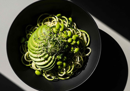 A healthy bowl of zucchini noodles with avocado and edamame on a black plate