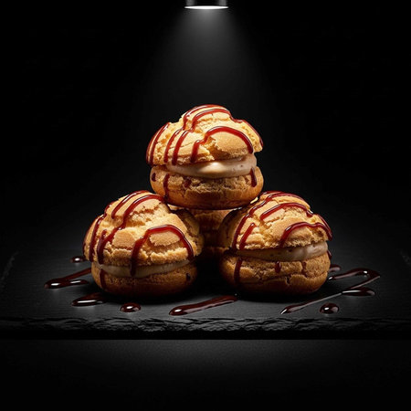 A pyramid of cream puffs drizzled with chocolate sauce on a dark background