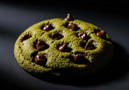 A delicious green matcha cookie with chocolate chips on a dark backgroundの写真素材