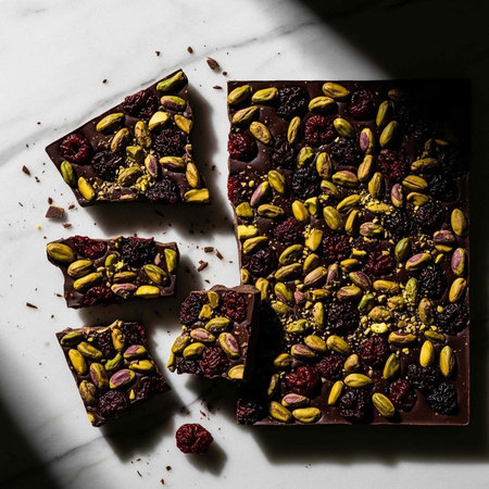 A delicious chocolate dessert with nuts and berries on a marble surface