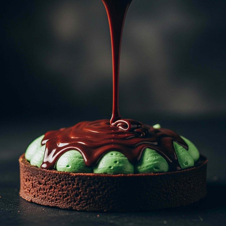A chocolate tart with green cream being drizzled with rich chocolate sauce