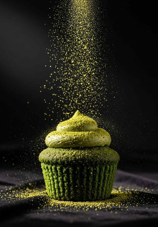 A vibrant green matcha cupcake with powdered matcha sugar being poured on top against a dark backgroundの写真素材