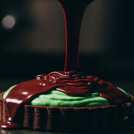 A chocolate cake with green frosting being drizzled with chocolate sauce in a dark settingの写真素材