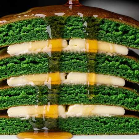 A stack of green pancakes with cream filling and syrup drizzled on top