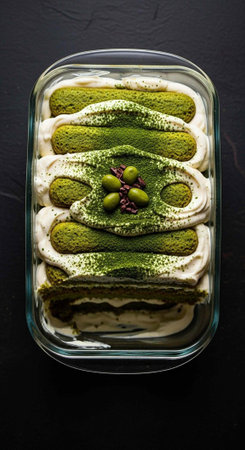 A matcha tiramisu dessert in a glass baking dish on a black backgroundの写真素材