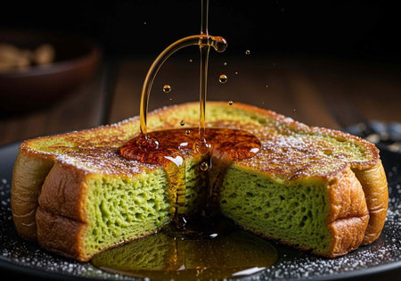 A matcha green tea souffle pancake being drizzled with syrup on a black plateの写真素材
