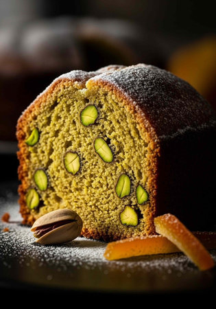 A delicious pistachio cake with powdered sugar on a dark background